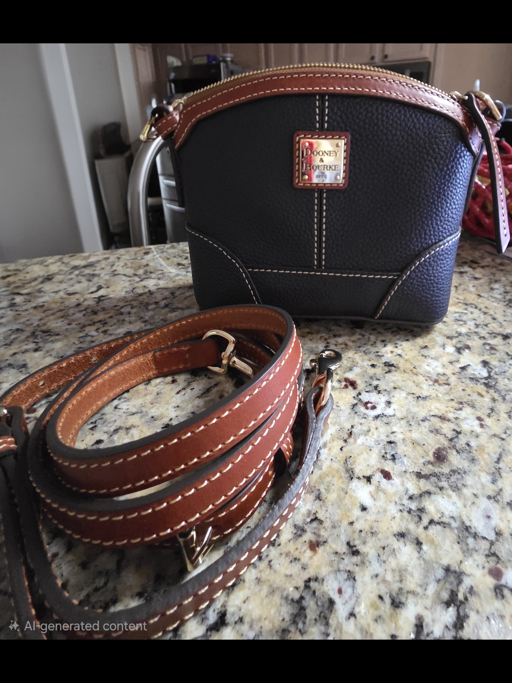 Dooney & Bourke Navy Pebbled Leather Crossbody with Brown Trim and Strap